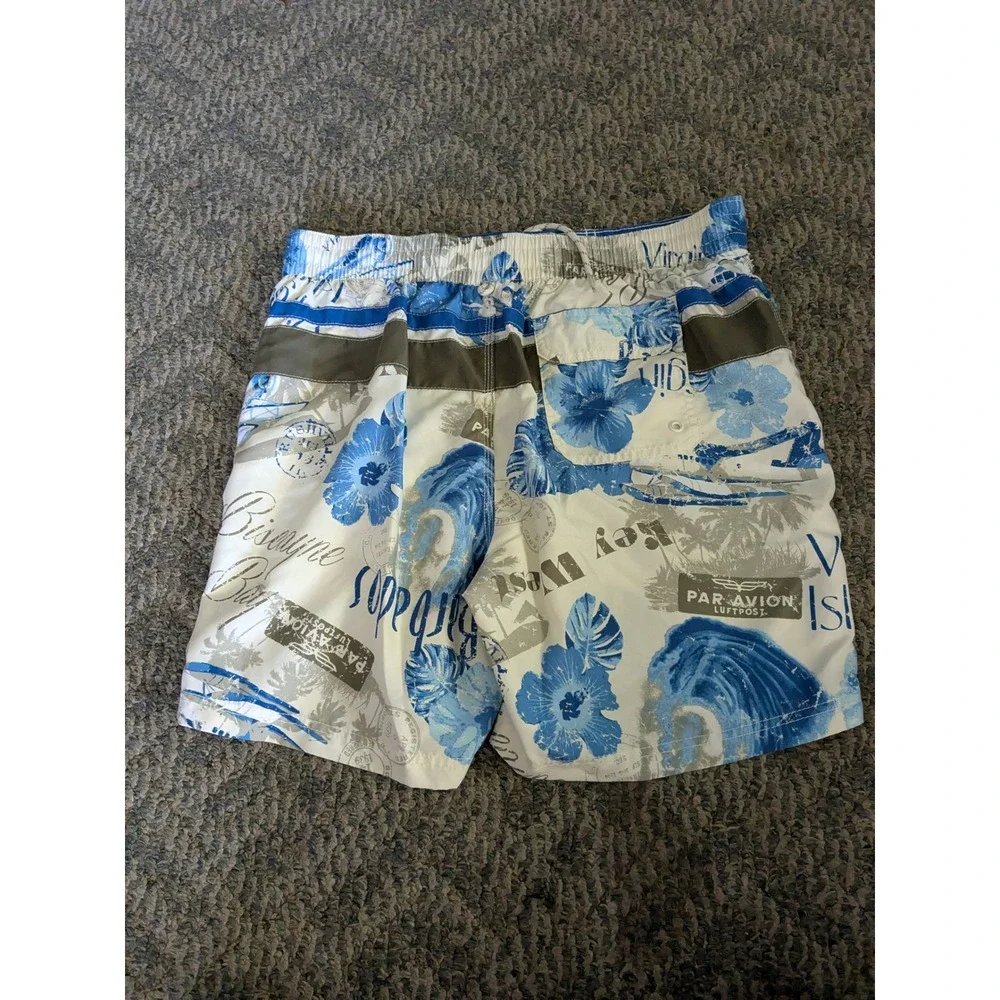 Caribbean Joe Mens Blue Tropical Postcard Floral Swim Trunks Board Shorts Large